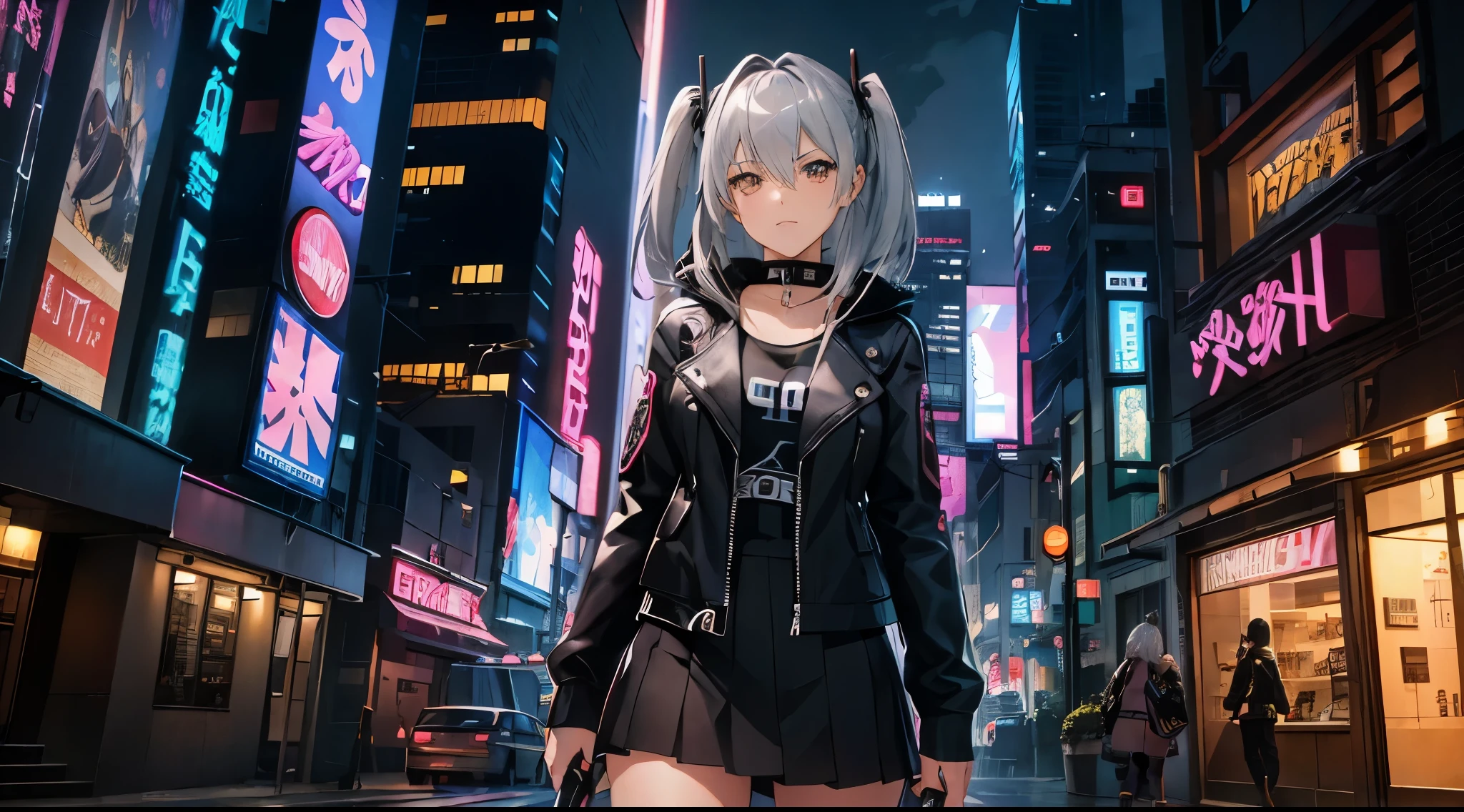 high quality、cyber punk、girl２people、mechanic、comical、anime style etc.、gray hair、bike、leather jacket、punk coloring、city、ナイトcity、Street style、graffiti、hoodie、middle age、tall woman、military、Knee-high boots、weapons、night、二people組、teammates、The touch of the picture is black lagoon style