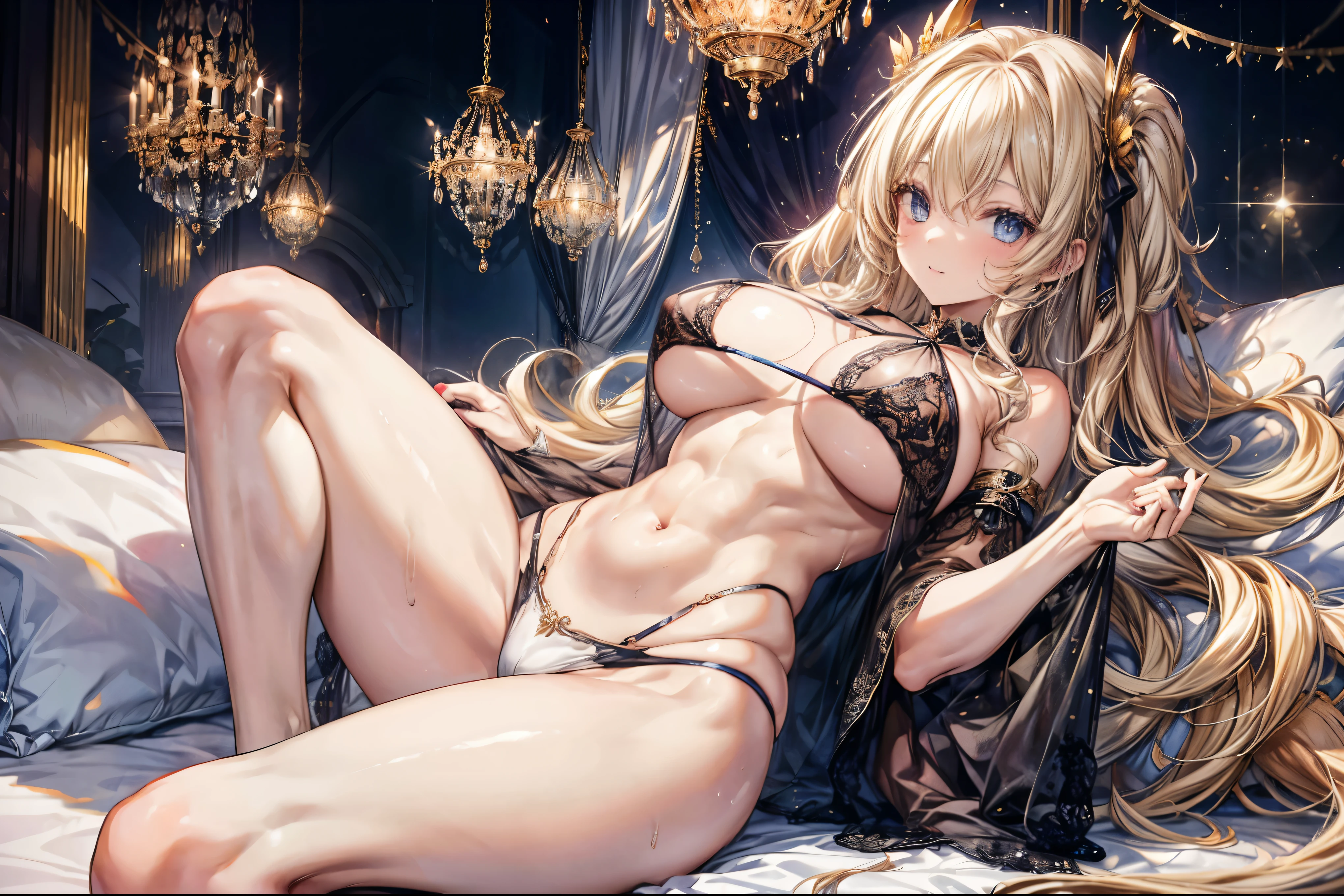 sensual, ((long blonde curly hair)), thick thighs, 8k, 4k, highest quality, High resolution:1.2), cute anime face, noise reduction, ((shining blue eyes, gentle smile, kind eyes))、toned abdominal muscles, muscular arms, muscular legs,  young face, anime eyes, (((big breasts、A chest that is about to burst)))、(((whole body)))、wearing sexy lingerie、please lie down on the bed