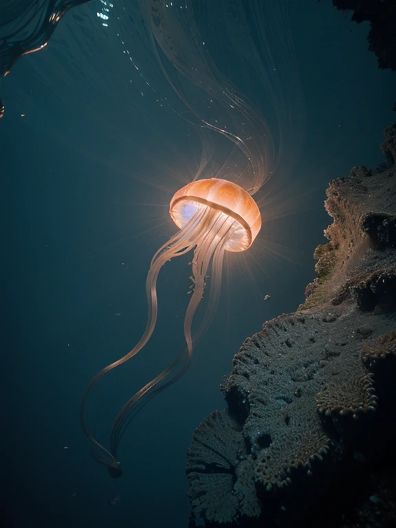 A jellyfish shining from the deep of the sea, very highly texture and extraordinary detail