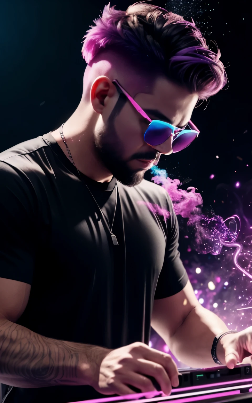 30 years old man DJ upper body in frame, black shirt in sunglasses with purple frames and rose-colored glass illuminated by colored lights photorealistic background bright colors Luminous neon pink and neon blue glitter dust background with pink and blue smoke vapor