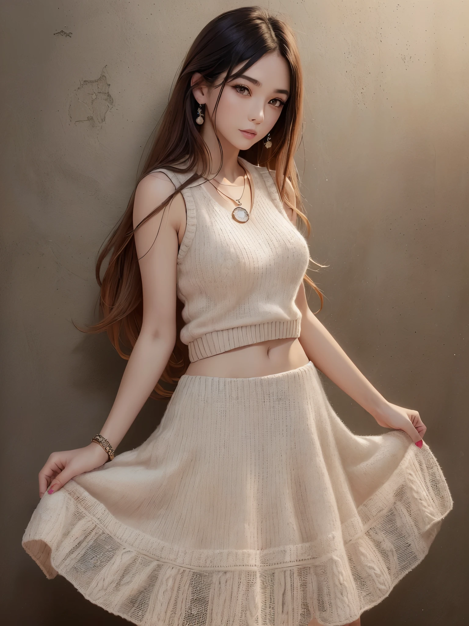 ((highest quality)),(ultra high resolution),(Super detailed),(detailed description),((best CG)),(best work of art),super precision art,amazing drawing art,(Art with precise details:1.5), (1 female model:1.8),(Sleeveless knit sweater with intricate details:1.7),(satin long skirt:1.4),(pendant:1.5)