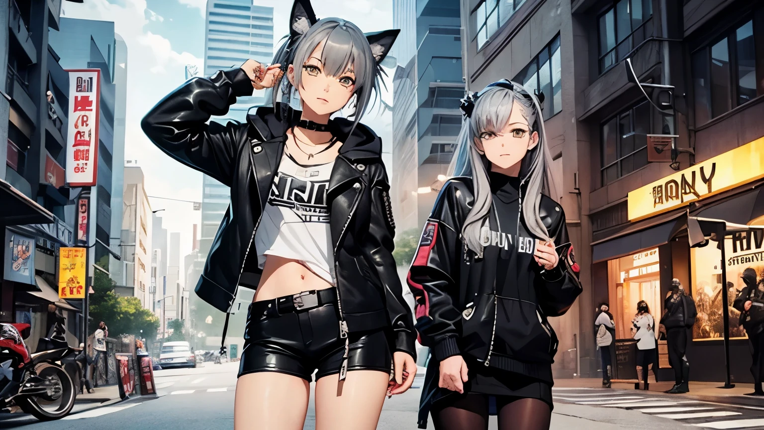 high quality、cyber punk、girl2people、mechanic、comical、anime style etc.、gray hair、bike、leather jacket、punk coloring、city、ナイトcity、Street style、graffiti、hoodie、middle age、tall woman、military、Knee-high boots、weapons、night、二people組、teammates、The touch of the picture is black lagoon style