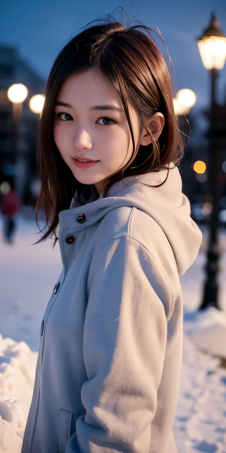 1 girl, Beauty、20 years old、snow mountain,night, cityscape,city lights,coat、Upper body,close,smile,, (8k, RAW photo, highest quality, masterpiece:1.2),(realistic, photo-realistic:1.37),