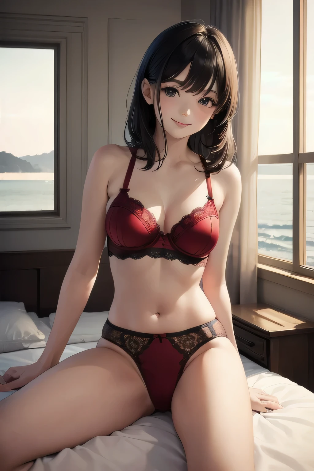 very cute and beautiful girl,(very detailed美しい顔), (cute lace red underwear:1.3),sitting on bed sheets,Spread legs BREAK (smile),looking at the viewer,medium hair,(black hair:0.8), antique hotel bedroom,window,distant tree々and the sea, (highest quality,masterpiece:1.2),disorganized,High resolution,super detailed,very detailed,32K,8K resolution, intricate details,movie-like scene,detailed background,alone,dynamic angle,