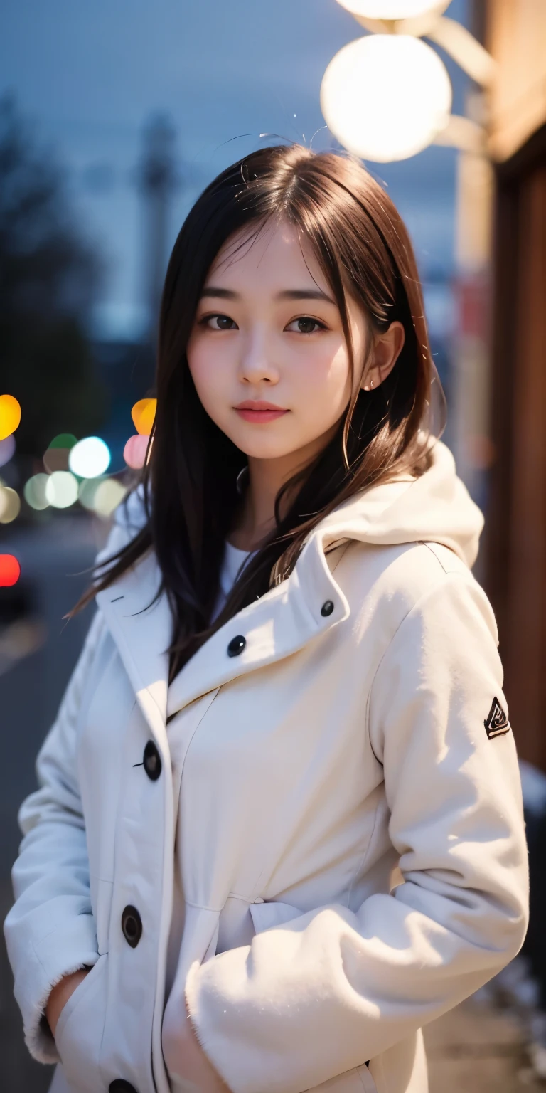 1 girl, Beauty、20 years old、snow mountain,night, cityscape,city lights,coat、Upper body,close,smile,, (8k, RAW photo, highest quality, masterpiece:1.2),(realistic, photo-realistic:1.37),