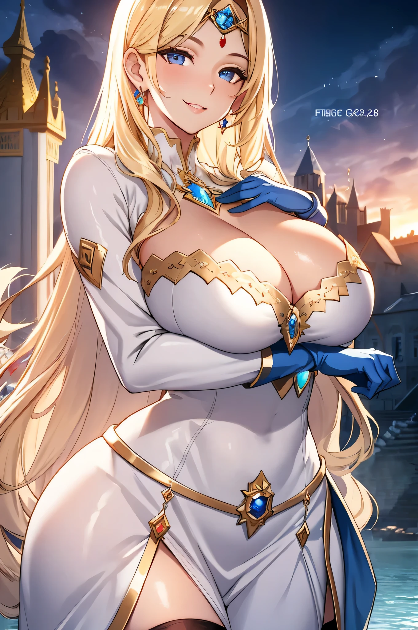 Lian, long blonde hair, hair stick, bangs, blue eyes, solo, smiling, standing, upper body, hips, bare shoulders,purple thighhighs, white dress, gold jewelry,armor,gloves,circlet, cleavage, red and gold royal castle, gigantic breasts, (best quality, masterpiece, beautiful and aesthetic:1.2, highest detailed face, perfect face,)  eyes, perfect face,expressive eyes,
looking at viewer, in the center of the image,(Upper_body),(Focus on her face),
official art,extremely detailed CG unity 8k wallpaper, perfect lighting,Colorful, Bright_Front_face_Lighting,shiny skin, 
(masterpiece:1.0),(best_quality:1.0), ultra high res,4K,ultra-detailed
