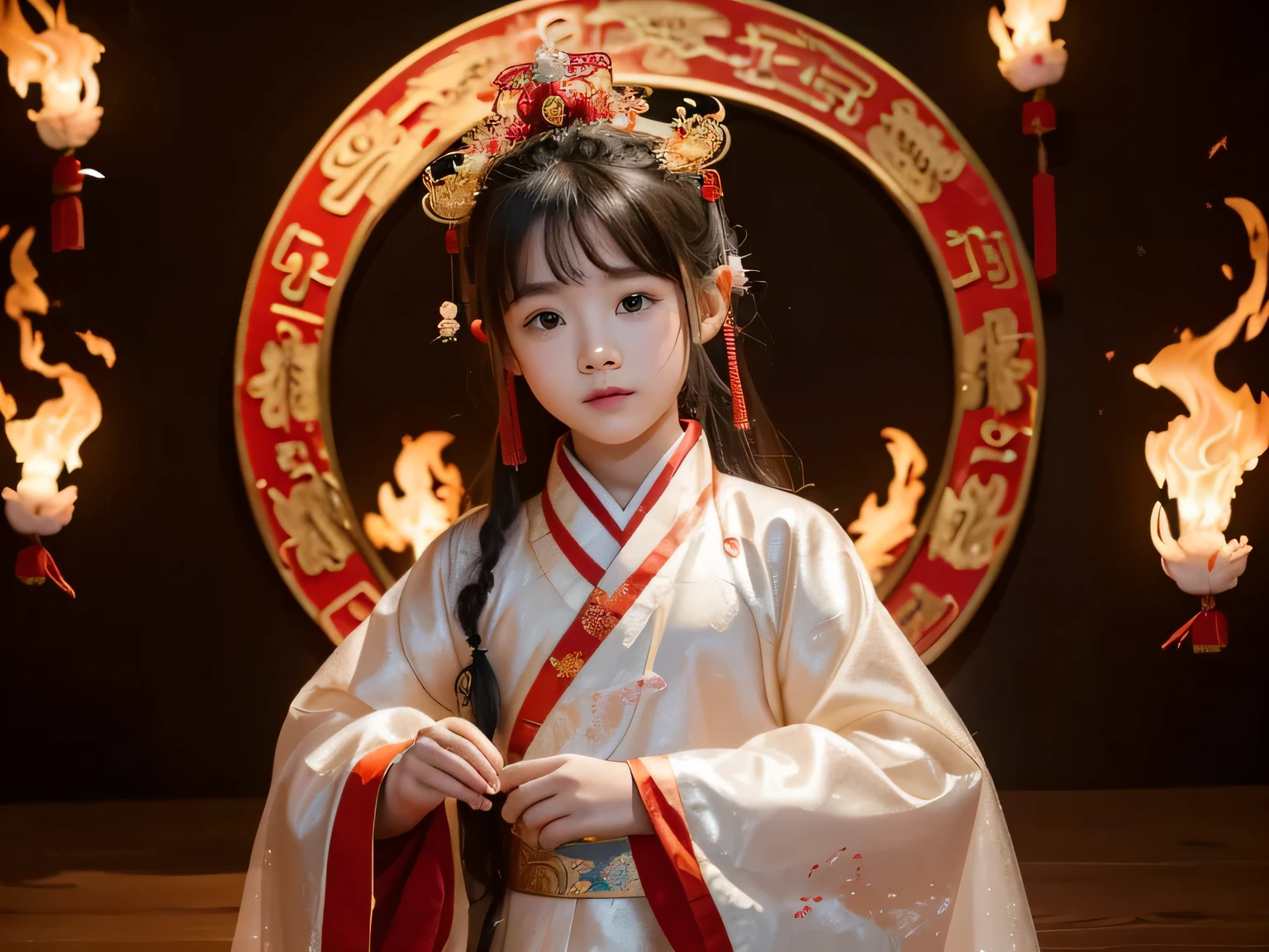 Children Photography,medium scene,A cute Chinese boy,5 , Exquisite front face, clear human body outline,surrounded by a huge colorful chinese dragon、clothing,Wearing gorgeous Hanfu,Dragon headdress,surrounded by flames,scope of chinese year