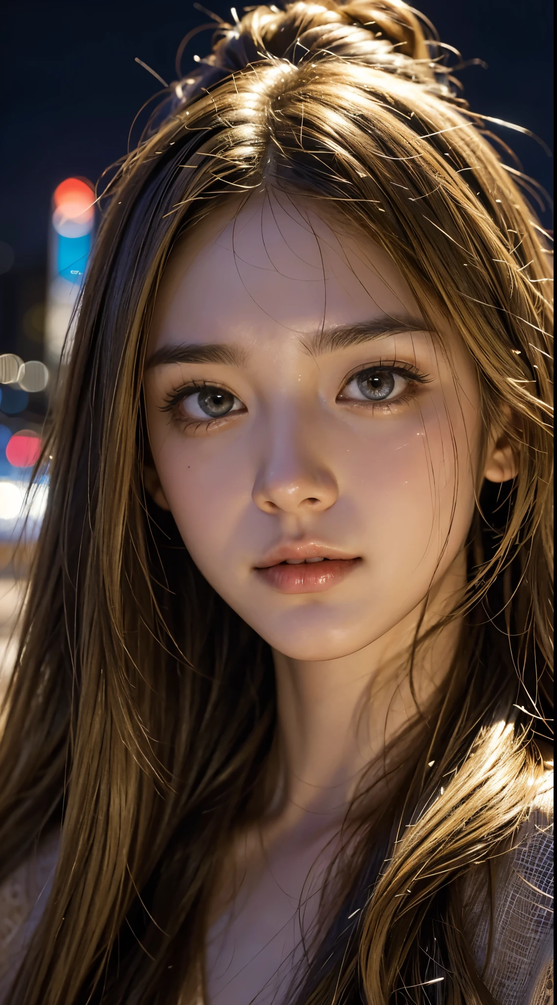 cute 22 year old,1 girl,Slim face Tokyo Street,night, cityscape,city lights, ((face close up:1.2)),((blonde straight long hair))close, 8k, RAW photo, highest quality, masterpiece,realistic, photo-realistic,