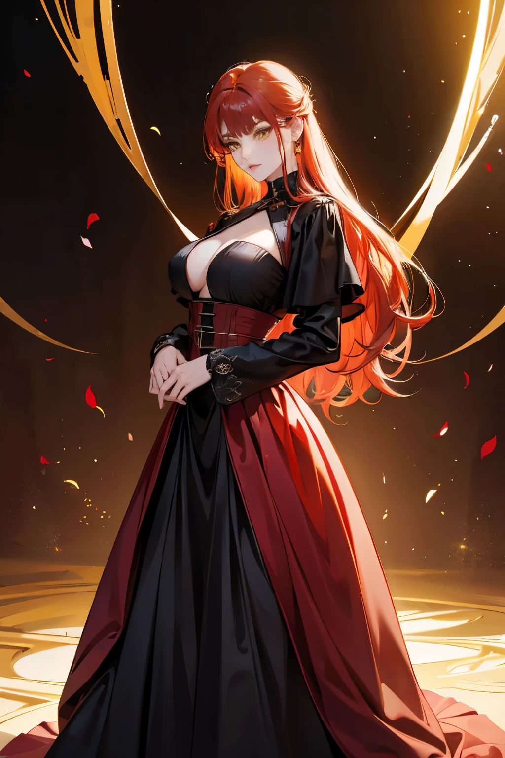 (absurd, high resolution), (panorama), a woman, mature, beautiful, tall, exquisite, yellow eyes, red hair, wearing noble clothes, erotic clothes, black clothes, black dress, serene expression, solo character, sexy, elegant,