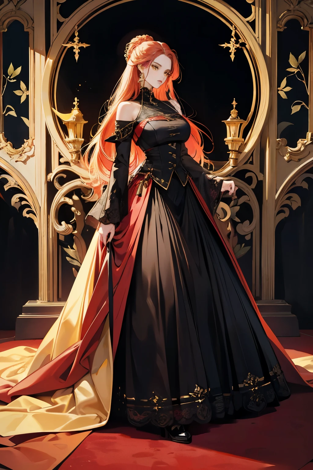 (absurd, high resolution), (panorama), a woman, mature, beautiful, tall, exquisite, yellow eyes, red hair, wearing noble clothes, erotic clothes, black clothes, black dress, serene expression, solo character,  sexy, elegant,