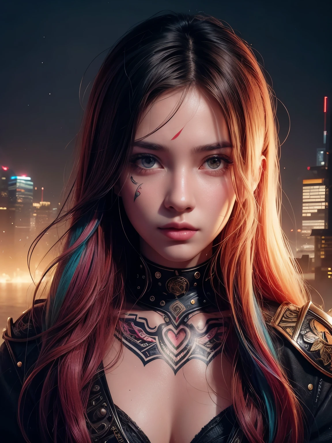 Hyperrealistic portrait of a 18 year old girl with intense gaze, intricate facial tattoos, colorful hair, and vibrant lighting. Set against a dystopian cityscape background, reminiscent of cyberpunk art. Masterpiece digital artwork by Greg Rutkowsky and Hayao Miyazaki.