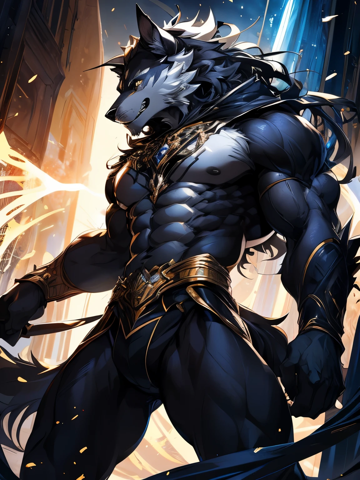 Werewolf with black and white hair,Perfect centralization, Fantastic black-gold beam, delight, Standing position, Abstract beauty, centre, Looking at the camera, Facing the camera, nearing perfection, Dynamic, highly detailed, Liso, sharp focus, 8K, A high resolution, illustration, Art by Carne Griffiths and Wadim Kashin