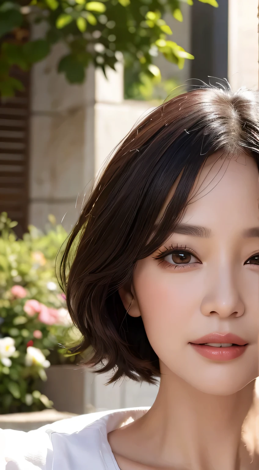 intense realism,(highest quality,4k,masterpiece:1.3),Beautiful woman,1 female、60 years old、Upper body、dark brown hair:1.1,super detailed face,lip details,detailed eye,double eyelid、big black eyes、laughter、short hair、winter、garden、nature