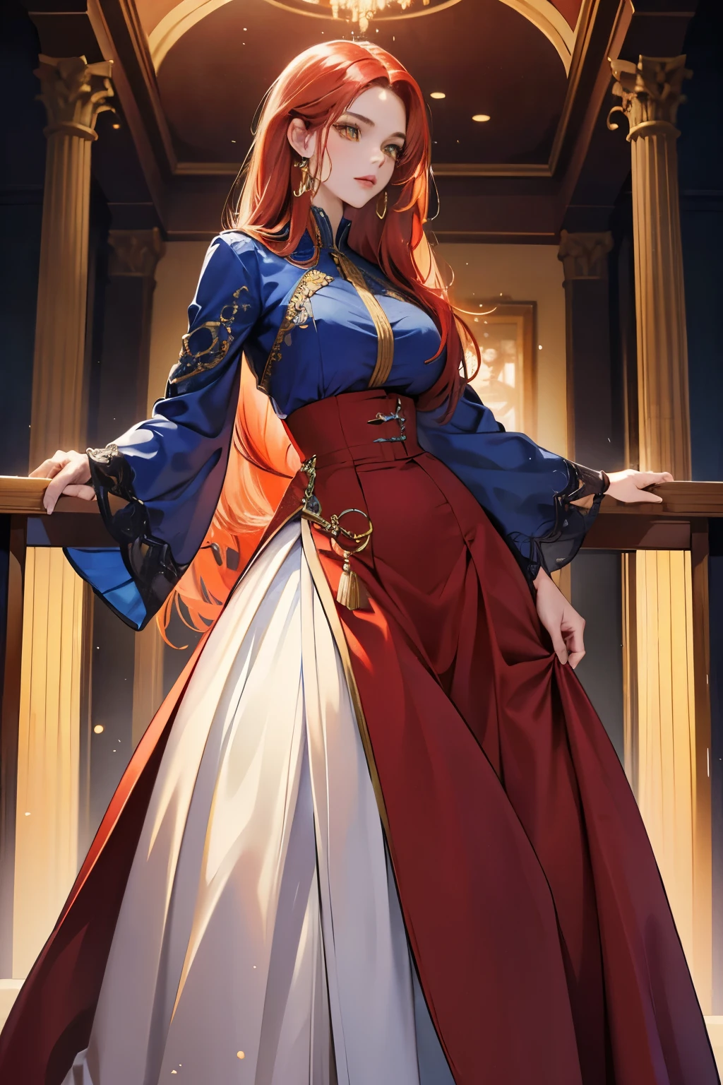 (absurd, high resolution), (panorama), a woman, mature, beautiful, tall, exquisite, yellow eyes, red hair, wearing noble clothes, erotic clothes, blue clothes, blue dress, serene expression, solo character, sexy, elegant