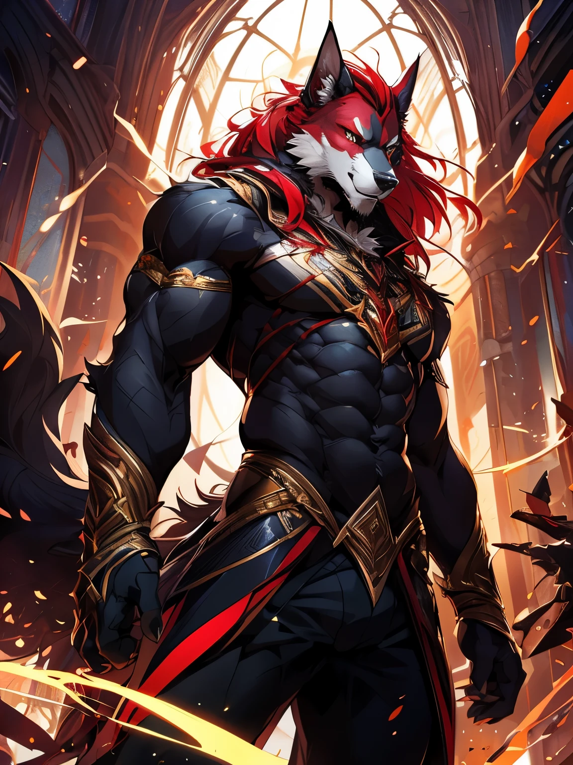 Werewolf with red and white hair,Perfect centralization, Fantastic black-gold beam, delight, Standing position, Abstract beauty, centre, Looking at the camera, Facing the camera, nearing perfection, Dynamic, highly detailed, Liso, sharp focus, 8K, A high resolution, illustration, Art by Carne Griffiths and Wadim Kashin