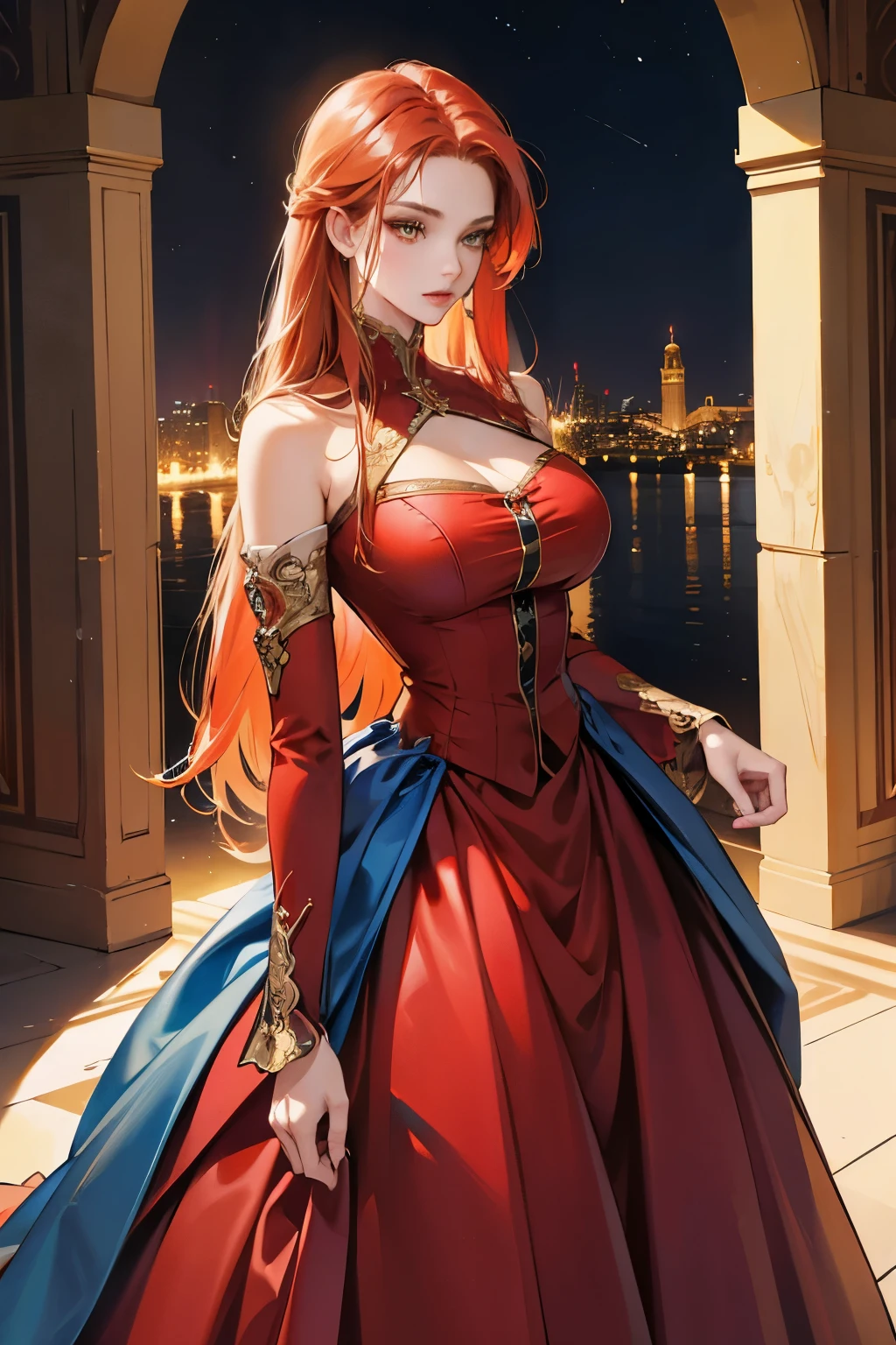 (absurd, high resolution), (panorama), a woman, mature, beautiful, tall, exquisite, yellow eyes, red hair, wearing noble clothes, erotic clothes, blue clothes, blue dress, serene expression, solo character,  sexy, elegant