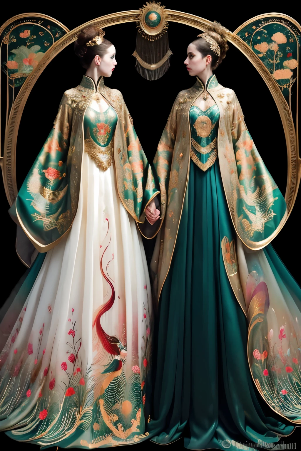 Two exquisitely crafted women, adorned with vibrant face paints in the style of futuristic digital art, stand against the backdrop of a sprawling metropolis at twilight. The romantic chiaroscuro play of light and shadow etches every detail onto their voluptuous forms, bringing their distinctive noses and rococo-inspired curls to life. Reflections shimmer off their shimmering skin, light gold glinting contrastingly with the saturated teal hues. With their ample derrieres accentuated by the dimensional multilayering of their digital makeovers, these captivating figures demand the viewer's attention and imagination
