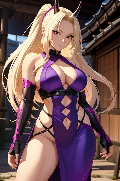 In the heart of the ancient ninja village, there lies a captivating figure named Ino Yamanaka. With her radiant blonde hair cascading down her shoulders, and a seductive purple costume accentuating her curvaceous physique, she exudes an irresistible allure. Her horny nature is further emphasized by the mischievous glint in her eyes, adding to her intriguing persona. No matter where she goes, her long white hair flowing behind her, and the distinctive horn on her forehead marking her as a ninja, Ino is sure to turn heads and leave an unforgettable impression.