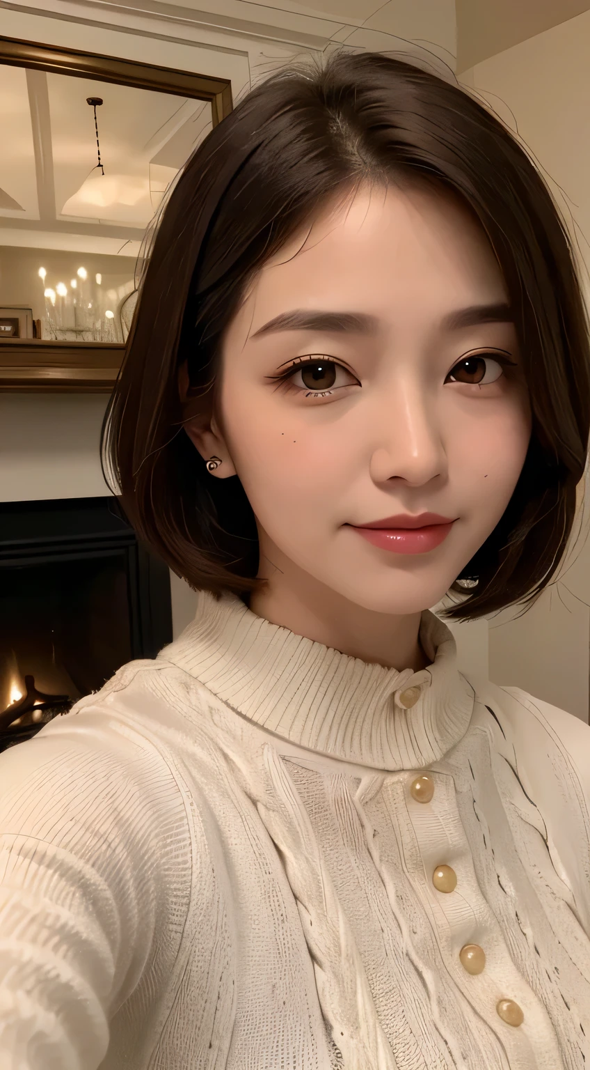 intense realism，（highest quality，4k，masterpiece：1.3），Beautiful woman，1 female、60 years old、Upper body、dark brown hair：1.1,super detailed face，lip details，detailed eye，double eyelid、big black eyes、laughter、short hair、winter、fireplace、nature