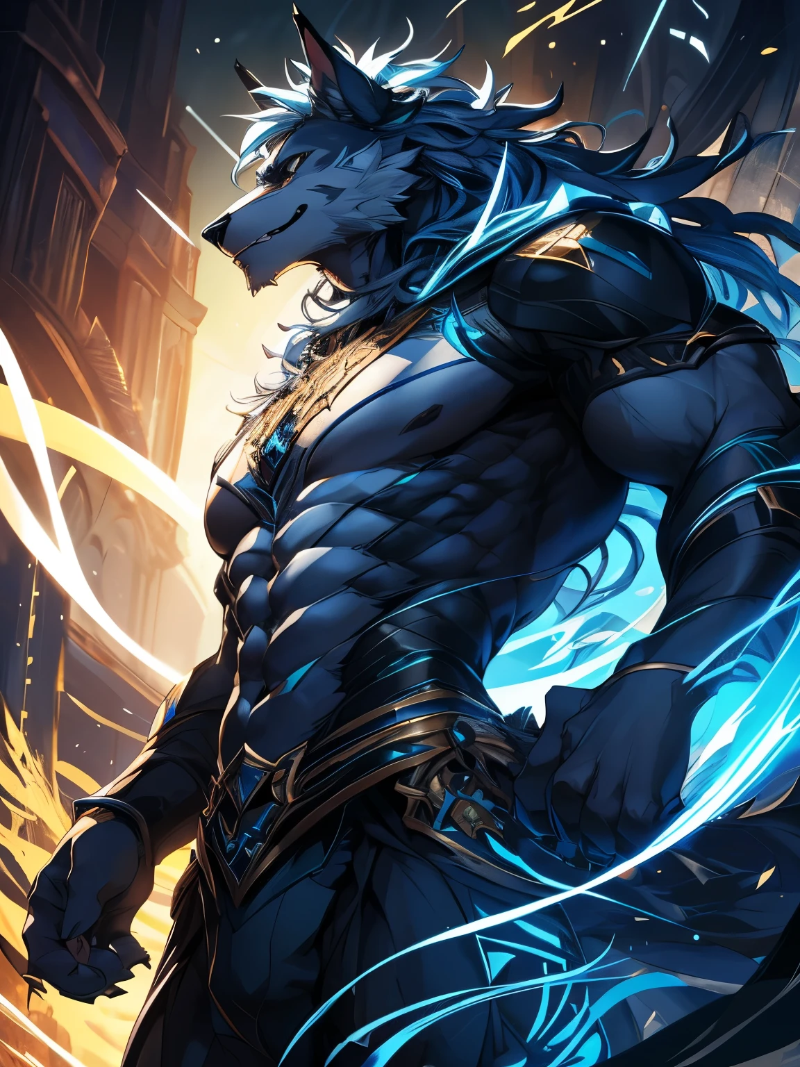 Werewolf with black and white hair,Perfect centralization, Fantastic black-gold beam, delight, Standing position, Abstract beauty, centre, Looking at the camera, Facing the camera, nearing perfection, Dynamic, highly detailed, Liso, foco nítido, 8K, A high resolution, illustration, Art by Carne Griffiths and Wadim Kashin