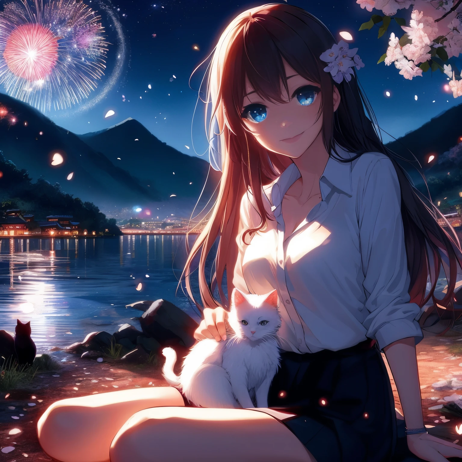 Anime girl with a cat and fireworks in the background, beautiful Anime catsgirl, very beautiful Anime cats girl, anime style 4k, Beautiful anime, Anime cats, night nucleus, Very beautiful and cute catwoman, cute Anime catsgirl, 4k anime wallpaper, cat ears anime girl, Beautiful anime girl, anime wallpaper 4k, anime wallpaper 4k, Anime catsgirl