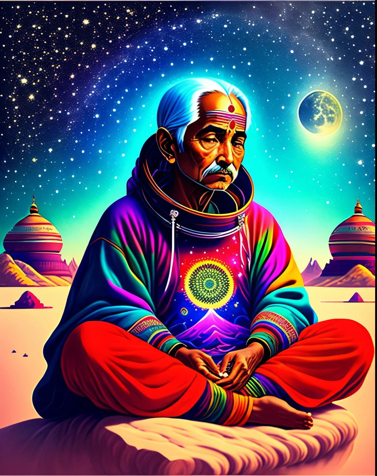 A 25 years old Indian zen sitting in space, 4k, vibrant colour , front face 