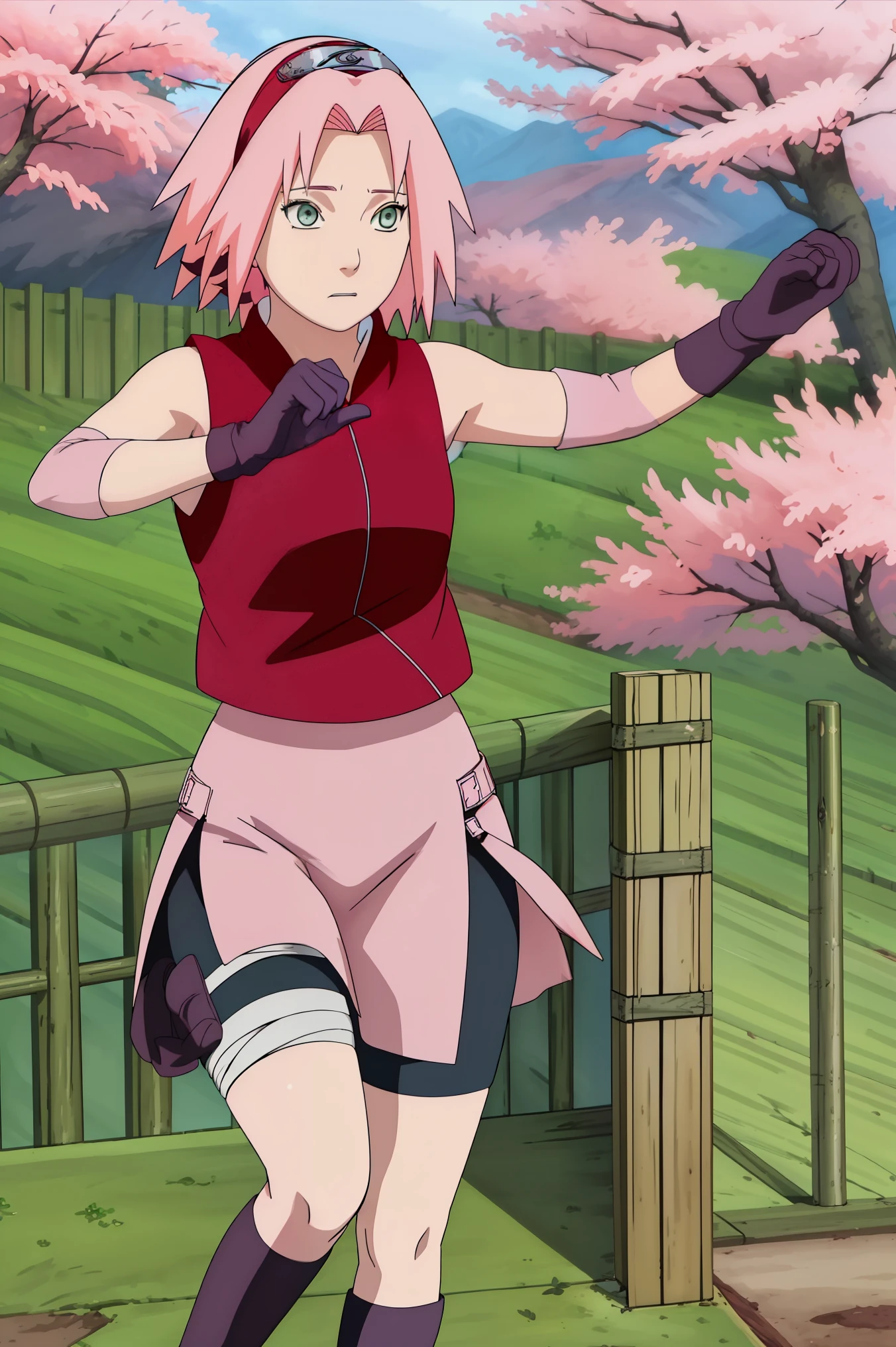 High-quality, ultra-detailed, realistic artwork of a scene from "Sakura Shippuden" with vivid colors, perfect for 4K or 8K resolutions. The scene depicts Sakura Haruno, a young woman, standing gracefully in a garden surrounded by blooming sakura (cherry blossom) trees. She is wearing a red jacket embroidered with the symbol of Konohagakure, the Hidden Leaf Village. Her leg is bandaged, indicating a recent injury. Sakura is wearing a short skirt and toeless footwear, emphasizing her femininity and agility.

Sakura has shoulder-length bangs that softly frame her face, revealing her beautiful, green eyes. Her face is adorned with a forehead protector, which bears the Konohagakure symbol, signifying her allegiance to her village. The artwork showcases Sakura's attention to detail, including her long eyelashes, detailed lips, and delicate features, capturing her determination and inner strength.

The lighting in the scene is soft and warm, casting a gentle glow on the petals of the sakura blossoms. The vibrant colors of the cherry blossoms contrast against Sakura's black short sleeves and gloves, adding depth to the composition. The overall color scheme leans towards pastel tones, enhancing the serene and tranquil atmosphere of the garden.

This masterpiece artwork aims to capture the essence of Sakura Haruno's character, portraying her as a confident, skilled kunoichi amidst the delicate beauty of the sakura garden. The attention to detail, vibrant colors, and realistic rendering will bring this scene to life, evoking the spirit of "Sakura Shippuden" in a visually stunning manner.