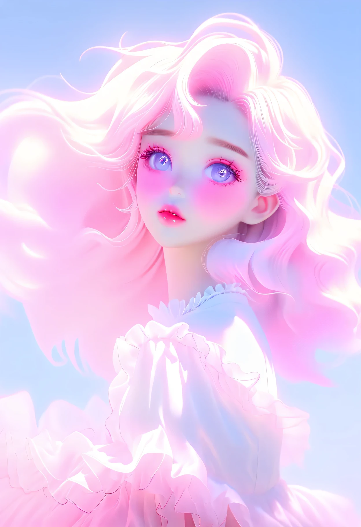 illustration style, anime , realistic ,sketch , 1 girl, ,pink lip, long eyelashes、ruffle skirt,order, pastel color gradient background, neon hair,textured crops, Canadian,muscari flower 、(masterpiece,highest quality)