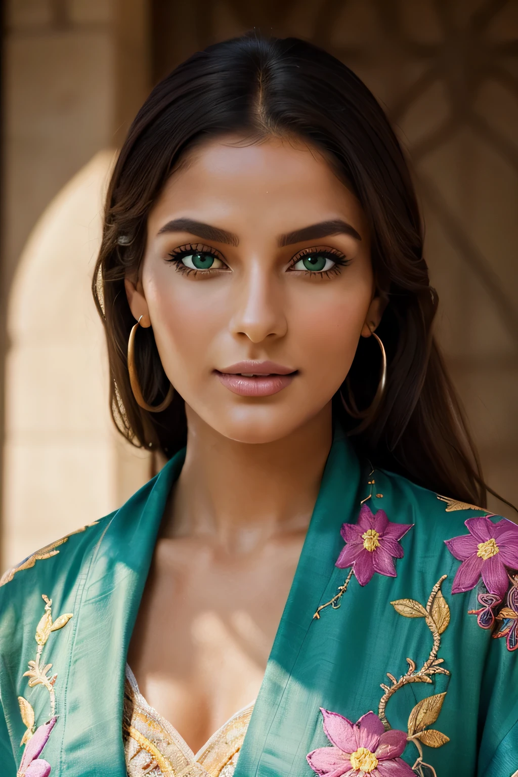 Beau visage d&#39;une femme exotique partiellement recouverte par un foulard(best quality, ultra-detailed:1.2),Woman at the&#39;allure exotique,partiellement recouvert d&#39;un foulard caftan marocain,Beautiful detailed green eyes,Long cils,Traits fins du visage,teint clair,Expressive lips,cheveux flottants,apparence frappante,Regard serein,structure faciale unique,cultural diversity,colorful background,soft lighting,high resolution,detailed kaftan embroidery,Couleurs vives,chef-d&#39;artwork:1.2,portrait,beauté des paysages