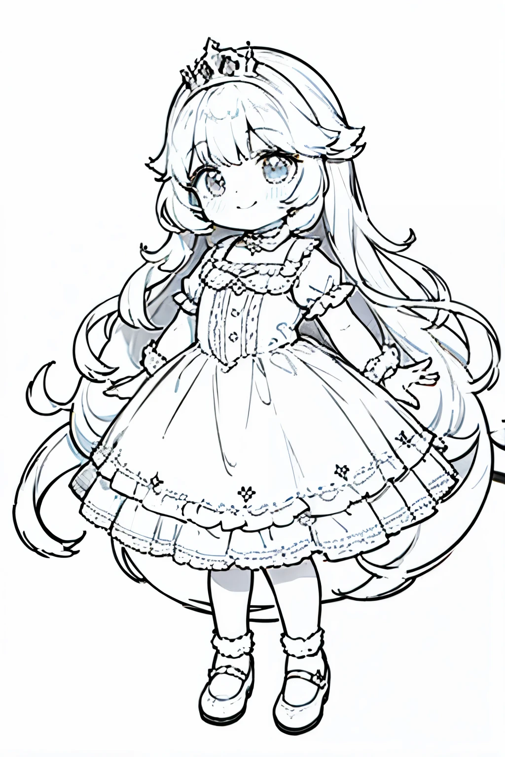 black line, monochrome, White background, (simple background: 1.2), Drawing of a princess wearing a crenolin dress, whole body, Long curly hair, Smile, detail, masterpiece,