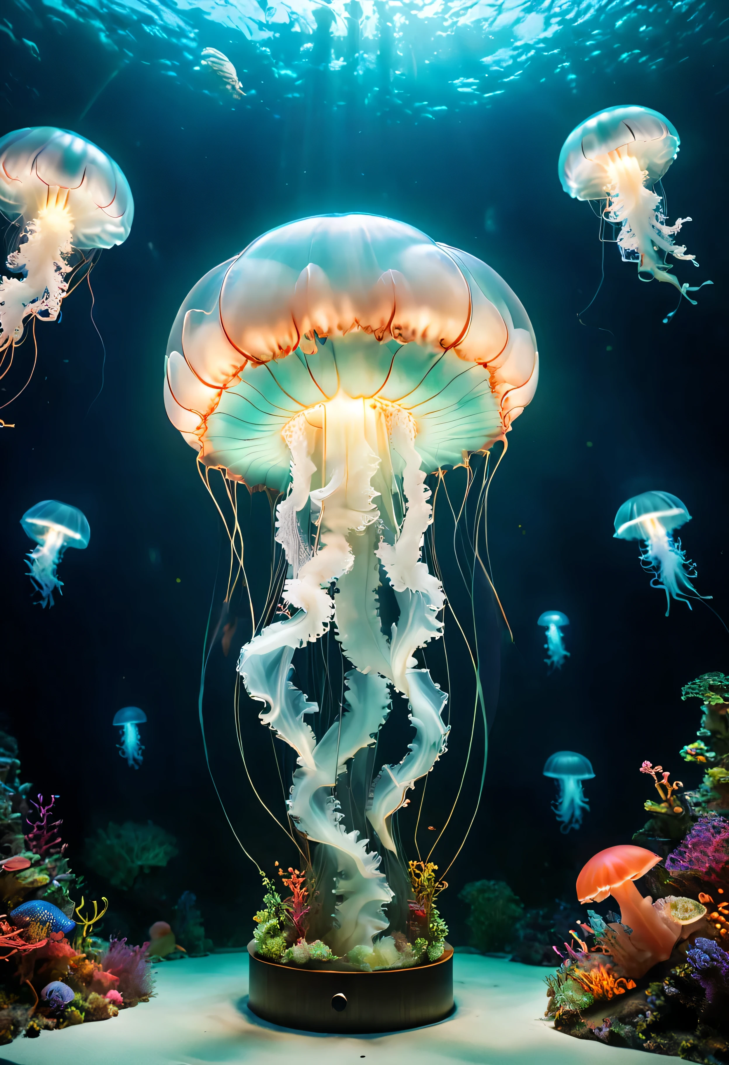 The Museum of Marine Biology displays the best quality of the Jellyfish Museum,4k,8k,high resolution,masterpiece:1.2,super detailed,actual:1.37,flash,The enchanting depths of the ocean,magical atmosphere,Stunning underwater landscape,colorful,閃閃glow的水母,Charming jellyfish,The loneliness of the deep sea,glow,fluorescent,A fantasy world where magic works like magic,bottle filled with glow liquid,ethereal atmosphere