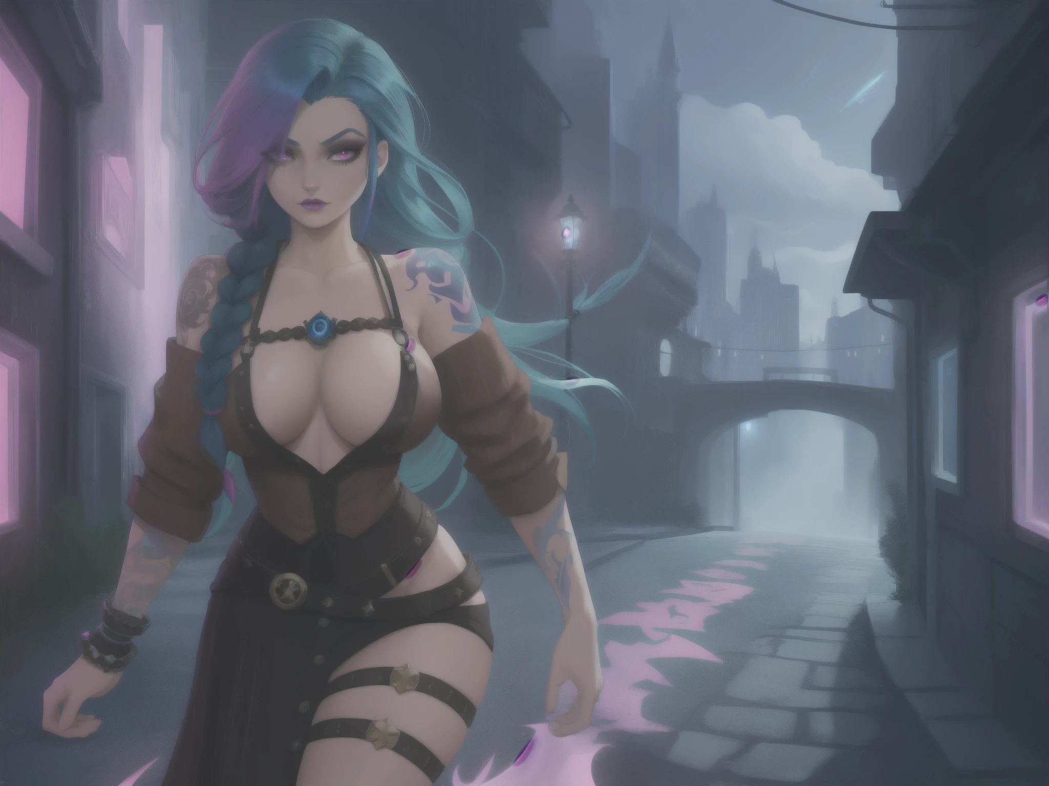 MILF, arcane style, arm tattoo, asymmetrical fringe, fringe, fringe, blue hair, braid, brown shirt, cloud tattoo, huge breasts, looks at onlooker, night, city, green hair, long hair, middle body, pink eyes, red lips, button up shirt, small shirt, cleavage, voluminous chest poking out, solo, standing, tattoo, double braid, full body, arcane jinx, jinx league of legends
