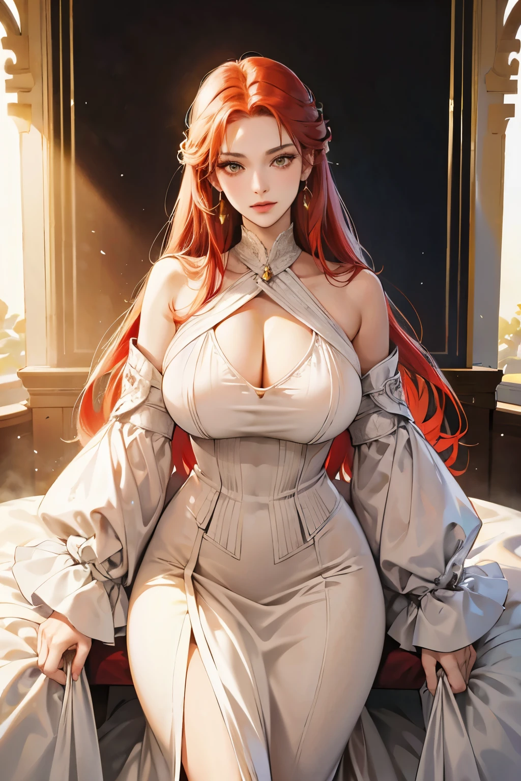(absurd, high resolution), (panorama), a woman, mature, beautiful, tall, exquisite, yellow eyes, red hair, wearing noble clothes, erotic clothes, white clothes, black dress, serene expression, solo character, sexy, elegant