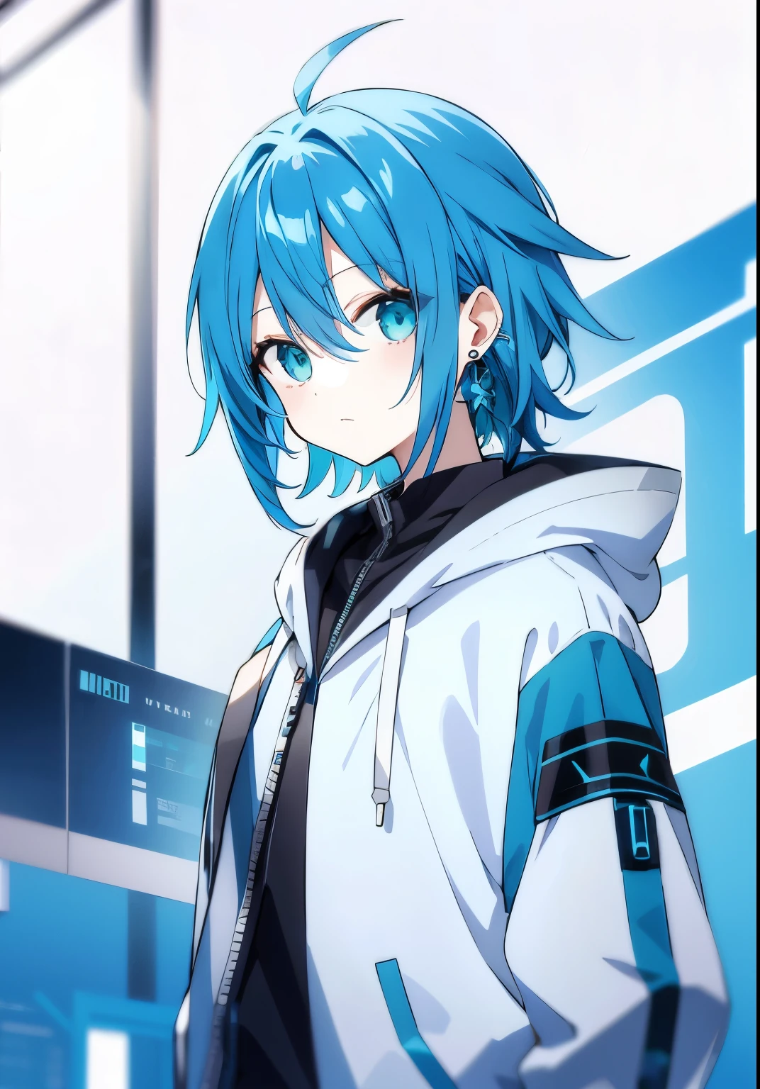 aqua hair、cyber punk、hoodie、Pale、center part、earrings