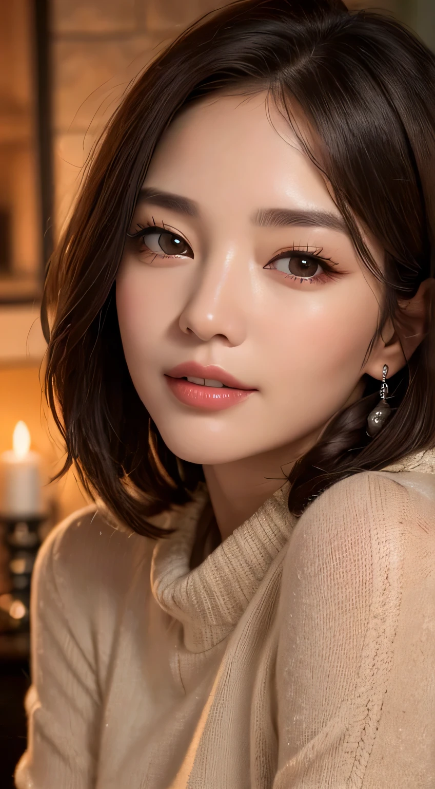 intense realism,(highest quality,4k,masterpiece:1.3),Beautiful woman,1 female、60 years old、Upper body、dark brown hair:1.1,super detailed face,lip details,detailed eye,double eyelid、big black eyes、laughter、short hair、winter、fireplace、nature