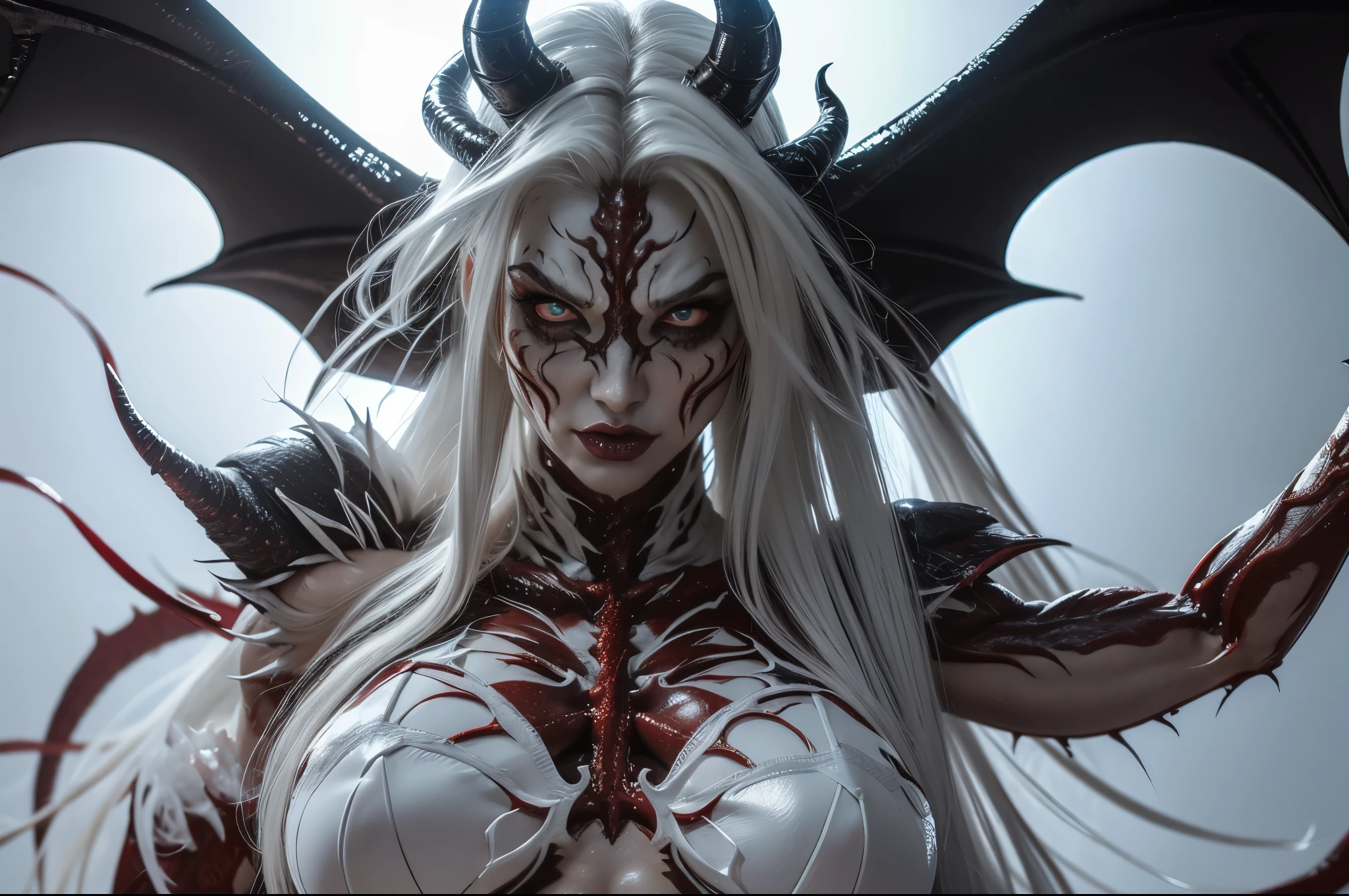 (carnage:1.5),(black and white demoness:1.5),(beautiful female model:1.5), (demoness with Large horns:1.25),(1 super muscular succubus with flayed skin:1.5), (covered in thick white muscle suit:1.5), (exposed perfect anatomy:1.5), high detail, best quality, masterpiece, finely detail, realistic skin texture, 85 mm art lens, f 1.2, sharp focus, 8 k high definition, insanely detailed, intricate, glowing white eyes, dark hair, glowing white background, holding whip, hair bun, beautiful female face, white skin