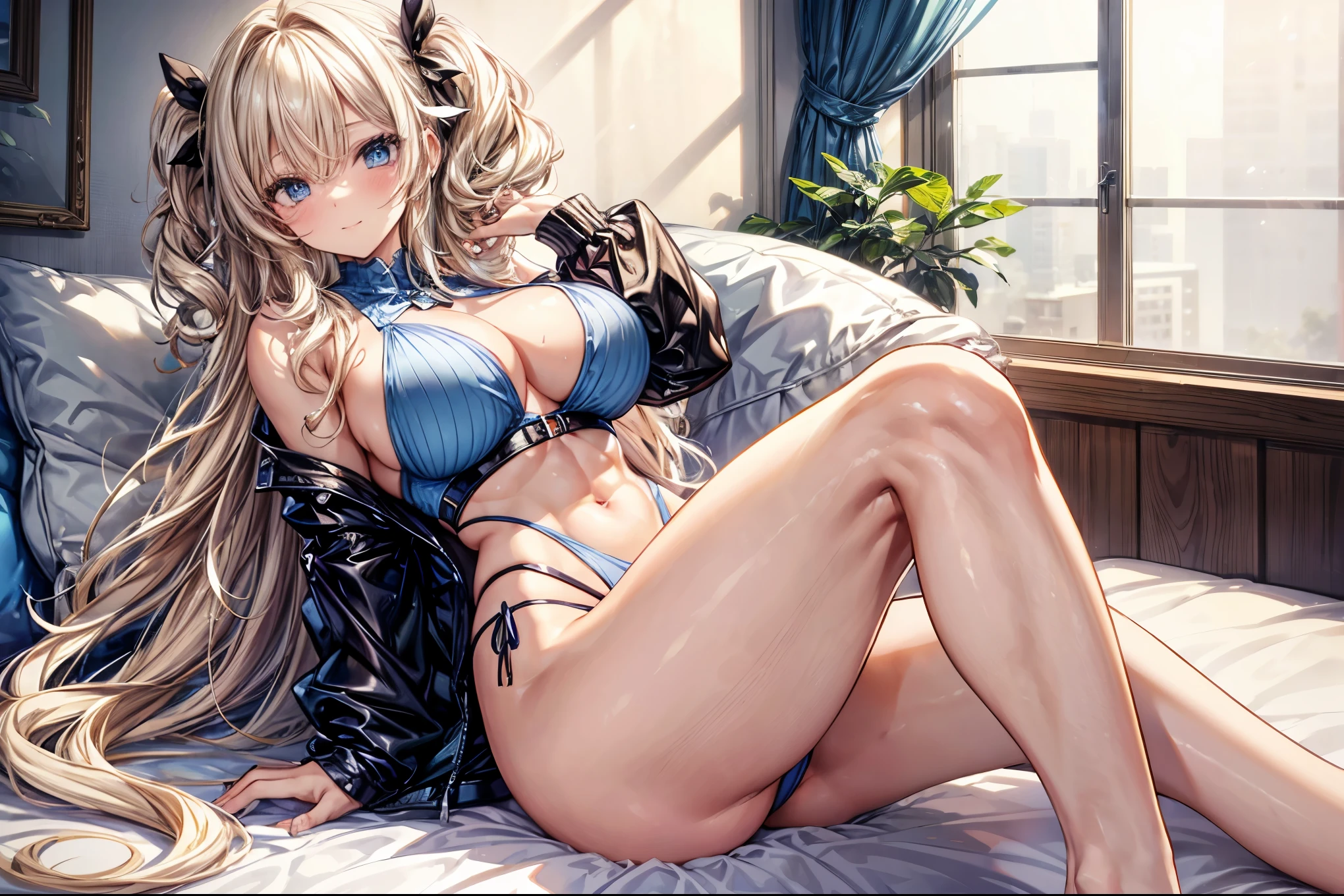 sensual, ((long blonde curly hair)), thick thighs, 8K, 4K, highest quality, High resolution:1.2), cute anime face, noise reduction, ((shining blue eyes, gentle smile, kind eyes))、toned abdominal muscles, muscular arms, muscular legs, young face, anime eyes, (((big breasts、Breasts that are about to burst)))、(((whole body)))、Wearing a white high-leg cut leotard、lie down on the bed