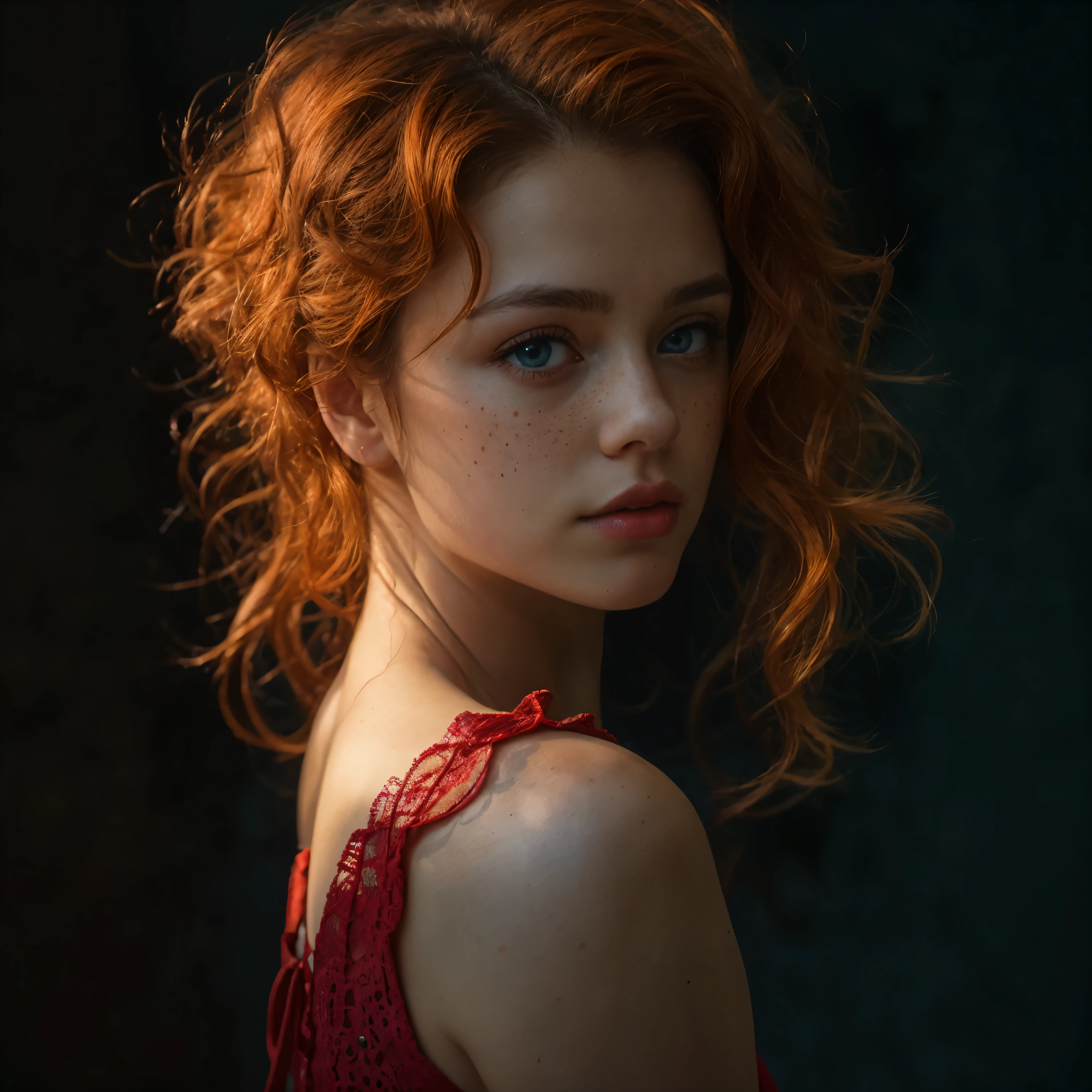 1 girl, alone, freckle, blue eyes, looking at the audience, open lips, actual, sportswear, curls, bare shoulders, curls, orange hair, nose, red hair clothing, red open lips, parted open lips, eyelash, look back