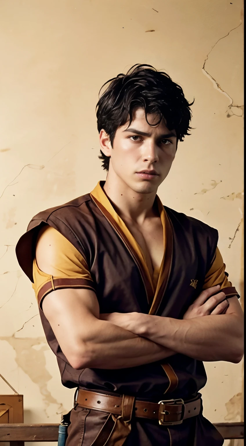 (masterpiece, best quality:1.2), cowboy shot, solo, male focus, 1boy, zuko, scar, expressionless, looking at viewer, crossed arms, yellow eyes, japanese clothes