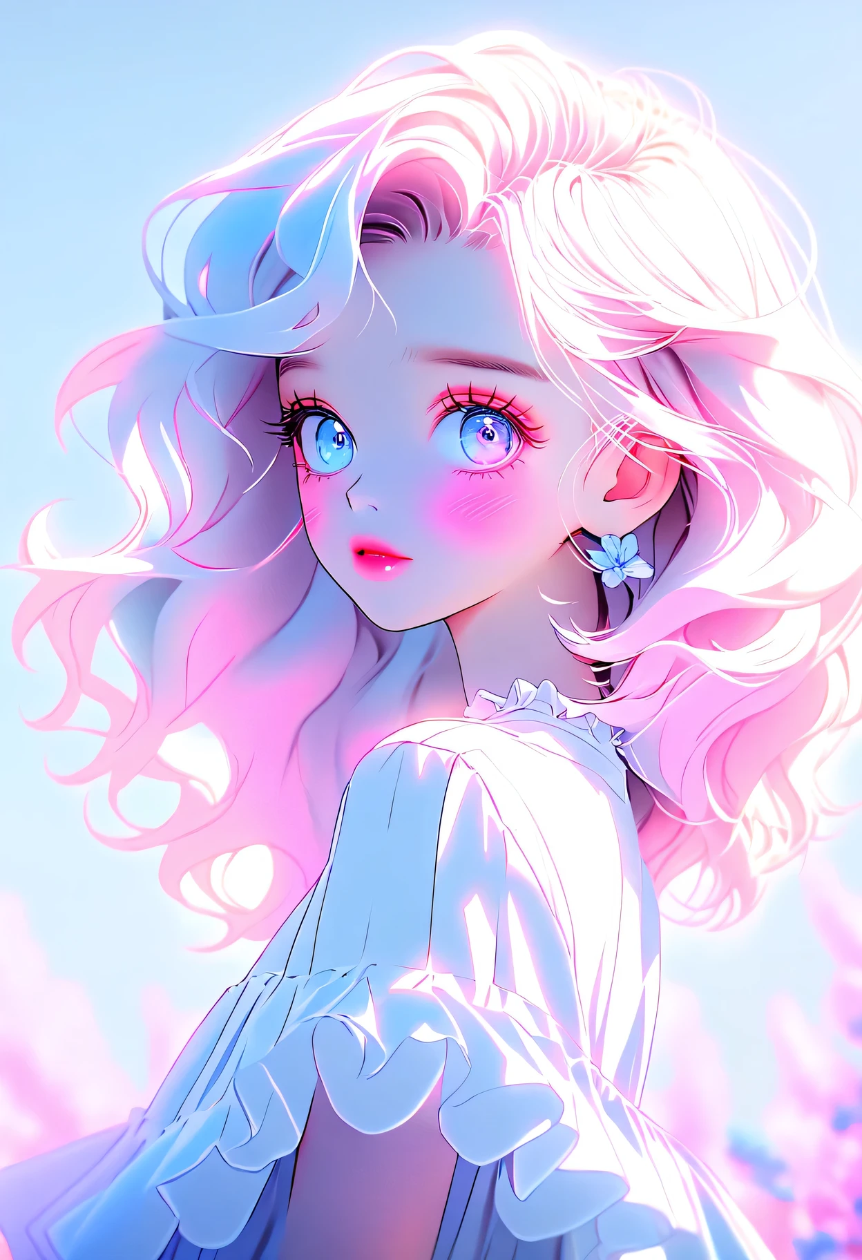 illustration style, anime , realistic ,sketch , 1 girl, ,pink lip, long eyelashes、shining blue eyes、ruffle skirt,order, pastel color gradient background, neon hair,textured crops, Canadian,muscari flower 、(masterpiece,highest quality)