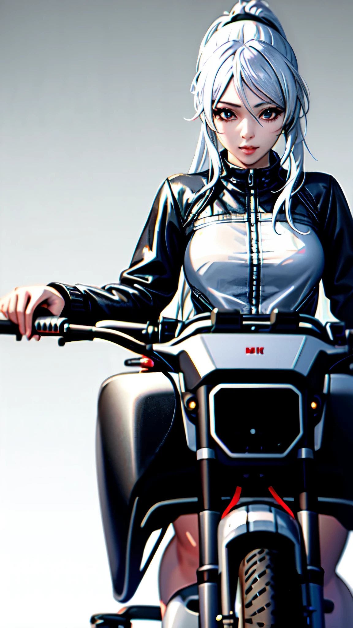 the highest picture quality, Detalles destacados, Ultra-high resolution, (Fidelidad: 1.4), The best illustration, Detalles del favor, Altamente condensado 1girl, con un rostro delicado y hermoso, vestido de mecha blanco y negro, Llevar un casco mecha, Holding a direction controller, Conducir en una motocicleta, The background is a high-tech lighting scene of the future city..