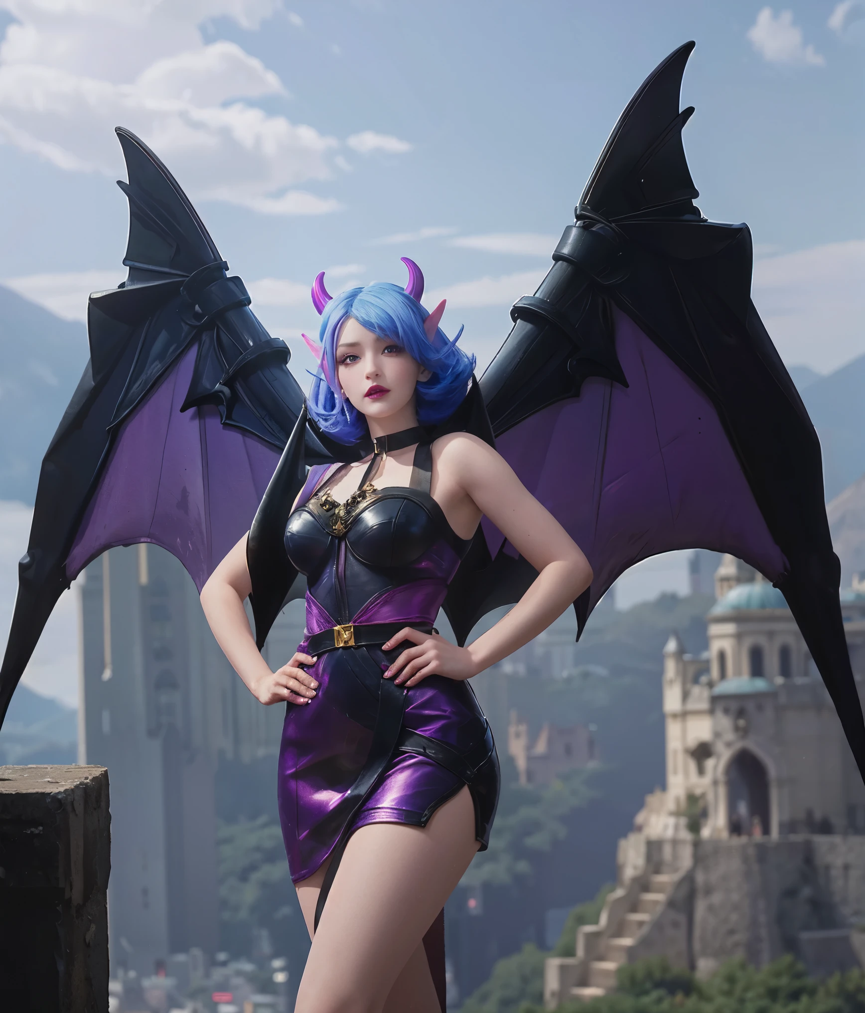 (big breasts), wings, 1girl, solo, looking at viewer, short hair, large breasts, gloves, dress, medium breasts, blue hair, tail, purple hair, horns, pointy ears, hand on hip, thigh strap, demon girl, demon horns, demon tail, demon wings [purple hair: blue hair:0.2],  (castle), gloom, darkness, mountains, ghosts, death, purple background, ((glow)), BREAK bat, purple lips, 2 wingasterpiece,best quality:1.5)