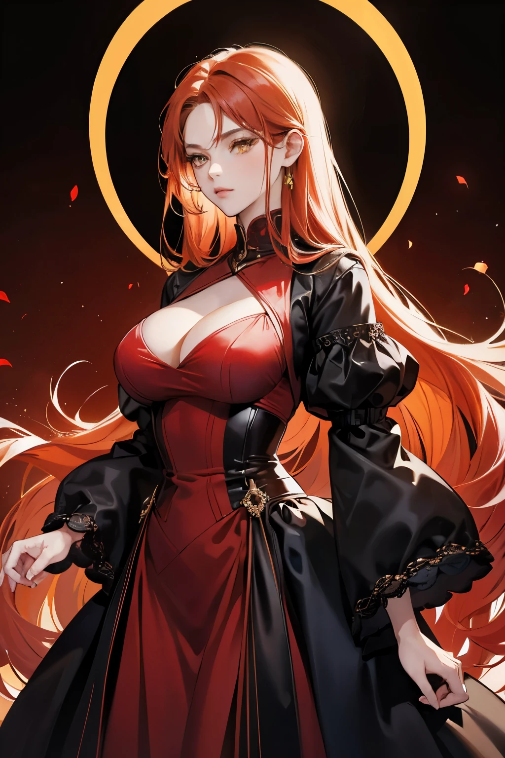 (absurd, high resolution), (panorama), a woman, mature, beautiful, tall, exquisite, yellow eyes, red hair, wearing commoner clothes, erotic clothes, black clothes, black dress, serene expression, solo character, sexy, elegant