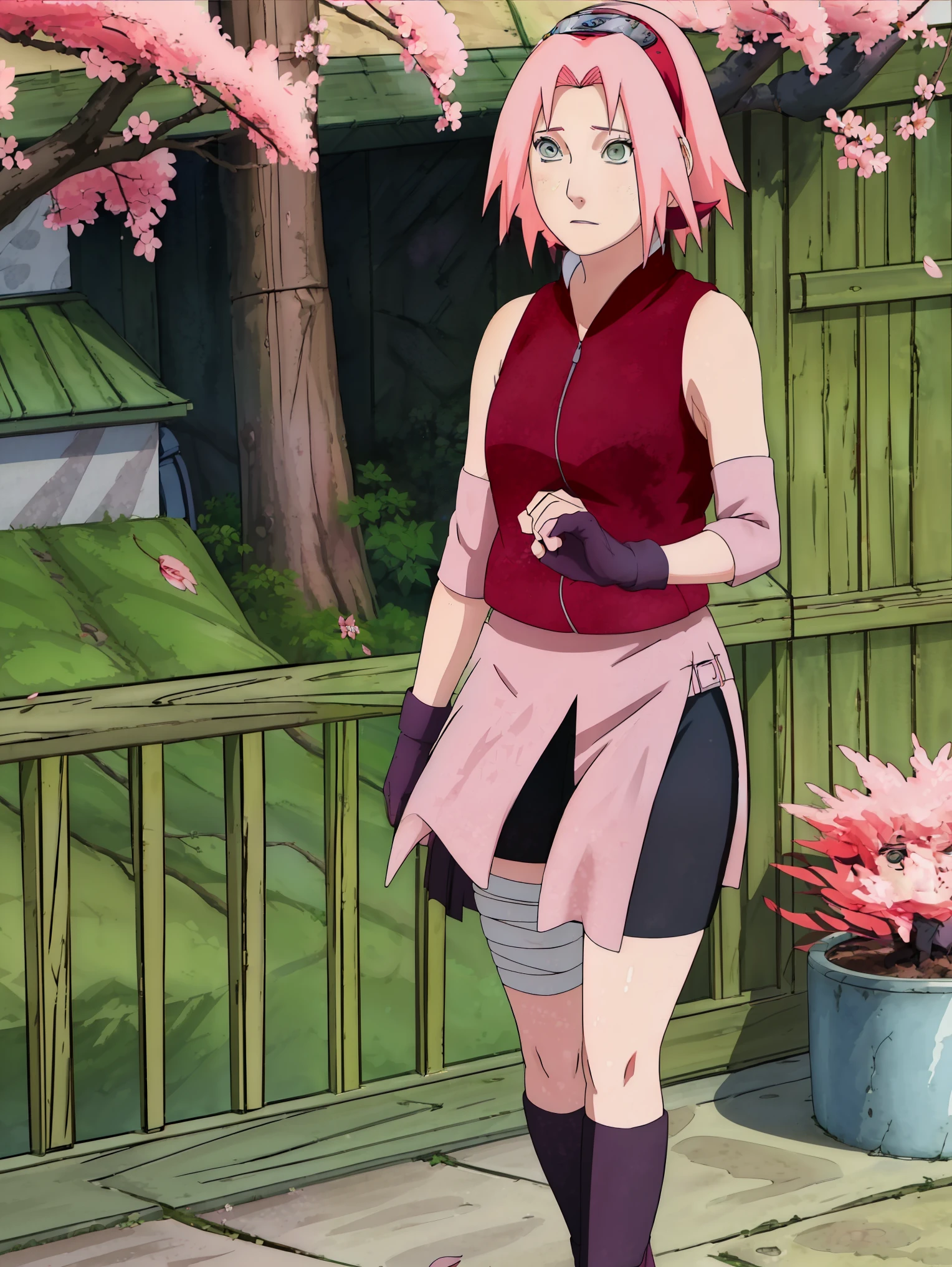 High-quality, ultra-detailed, realistic artwork of a scene from "Sakura Shippuden" with vivid colors, perfect for 4K or 8K resolutions. The scene depicts Sakura Haruno, a young woman, standing gracefully in a garden surrounded by blooming sakura (cherry blossom) trees. She is wearing a red jacket embroidered with the symbol of Konohagakure, the Hidden Leaf Village. Her leg is bandaged, indicating a recent injury. Sakura is wearing a short skirt and toeless footwear, emphasizing her femininity and agility.
Sakura has shoulder-length bangs that softly frame her face, revealing her beautiful, green eyes. Her face is adorned with a forehead protector, which bears the Konohagakure symbol, signifying her allegiance to her village. The artwork showcases Sakura's attention to detail, including her long eyelashes, detailed lips, and delicate features, capturing her determination and inner strength.
The lighting in the scene is soft and warm, casting a gentle glow on the petals of the sakura blossoms. The vibrant colors of the cherry blossoms contrast against Sakura's black short sleeves and gloves, adding depth to the composition. The overall color scheme leans towards pastel tones, enhancing the serene and tranquil atmosphere of the garden.
This masterpiece artwork aims to capture the essence of Sakura Haruno's character, portraying her as a confident, skilled kunoichi amidst the delicate beauty of the sakura garden. The attention to detail, vibrant colors, and realistic rendering will bring this scene to life, evoking the spirit of "Sakura Shippuden" in a visually stunning manner.