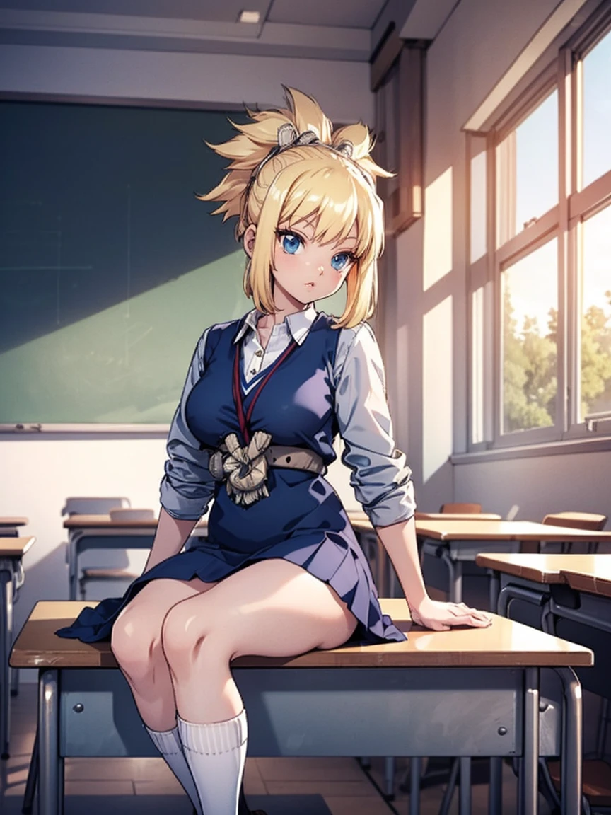 pleated skirt, dress shirt, gray cardigan, ((low heels, long socks)), white socks, school, classroom, kohaku, blonde hair, blue eyes, (sitting, legs crossed)