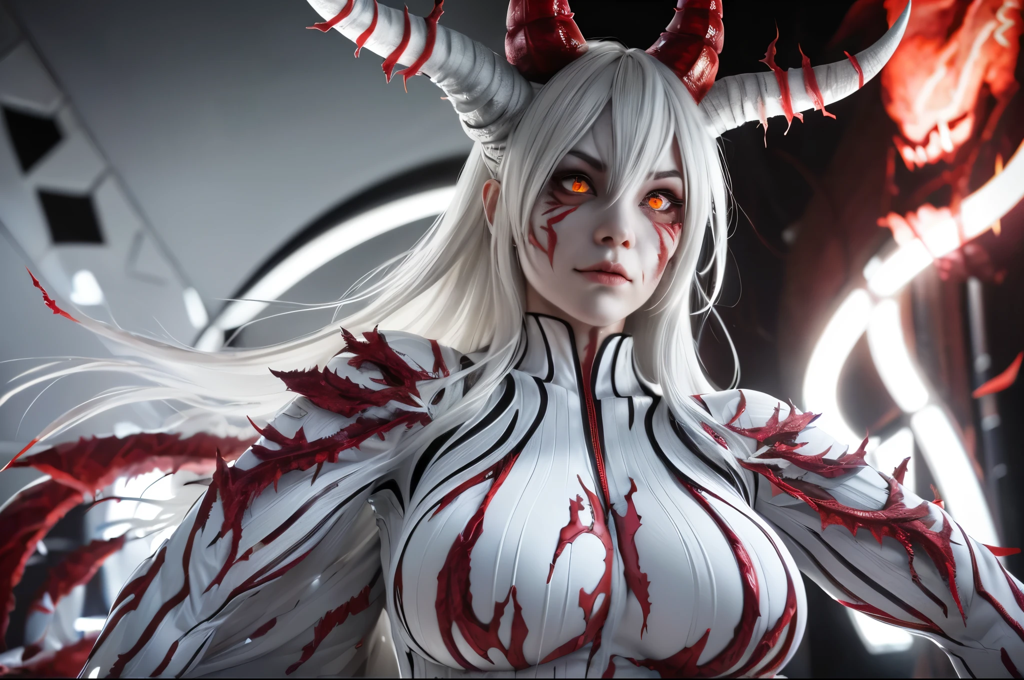 (carnage:1.5),(black and white demoness:1.5),(beautiful female model:1.5), (demoness with Large horns:1.25),(1 super muscular succubus with flayed skin:1.5), (covered in thick white muscle suit:1.5), (exposed perfect anatomy:1.5), high detail, best quality, masterpiece, finely detail, realistic skin texture, 85 mm art lens, f 1.2, sharp focus, 8 k high definition, insanely detailed, intricate, glowing white eyes, white hair, glowing white background, holding whip, hair bun, beautiful female face, white skin