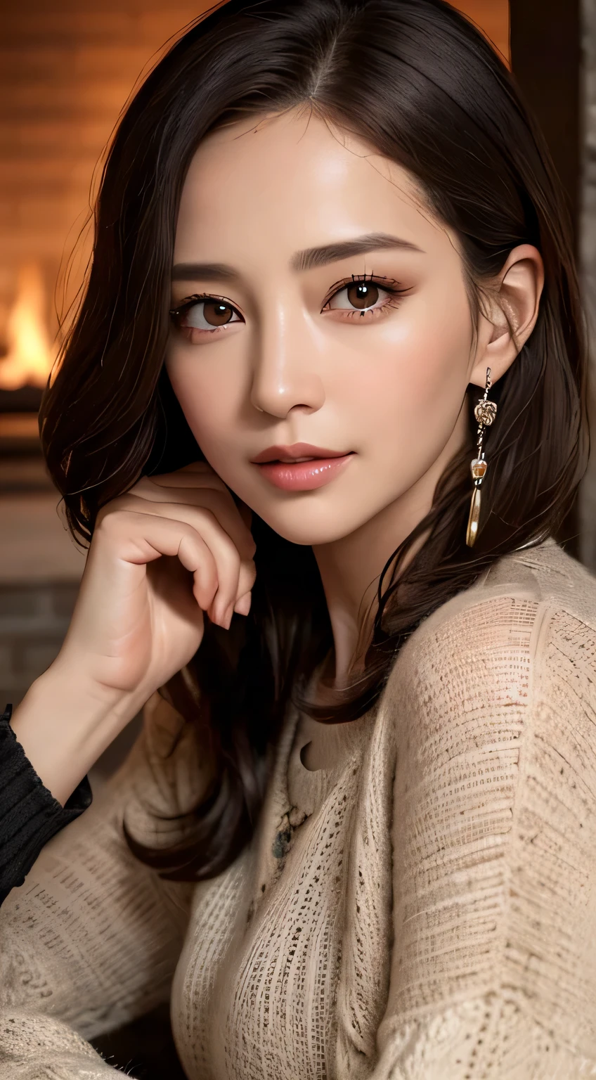 intense realism，（highest quality，4k，masterpiece：1.3），Beautiful woman，1 female、60 years old、Upper body、dark brown hair：1.1,super detailed face，lip details，detailed eye，double eyelid、big black eyes、laughter、short hair、winter、fireplace、nature、