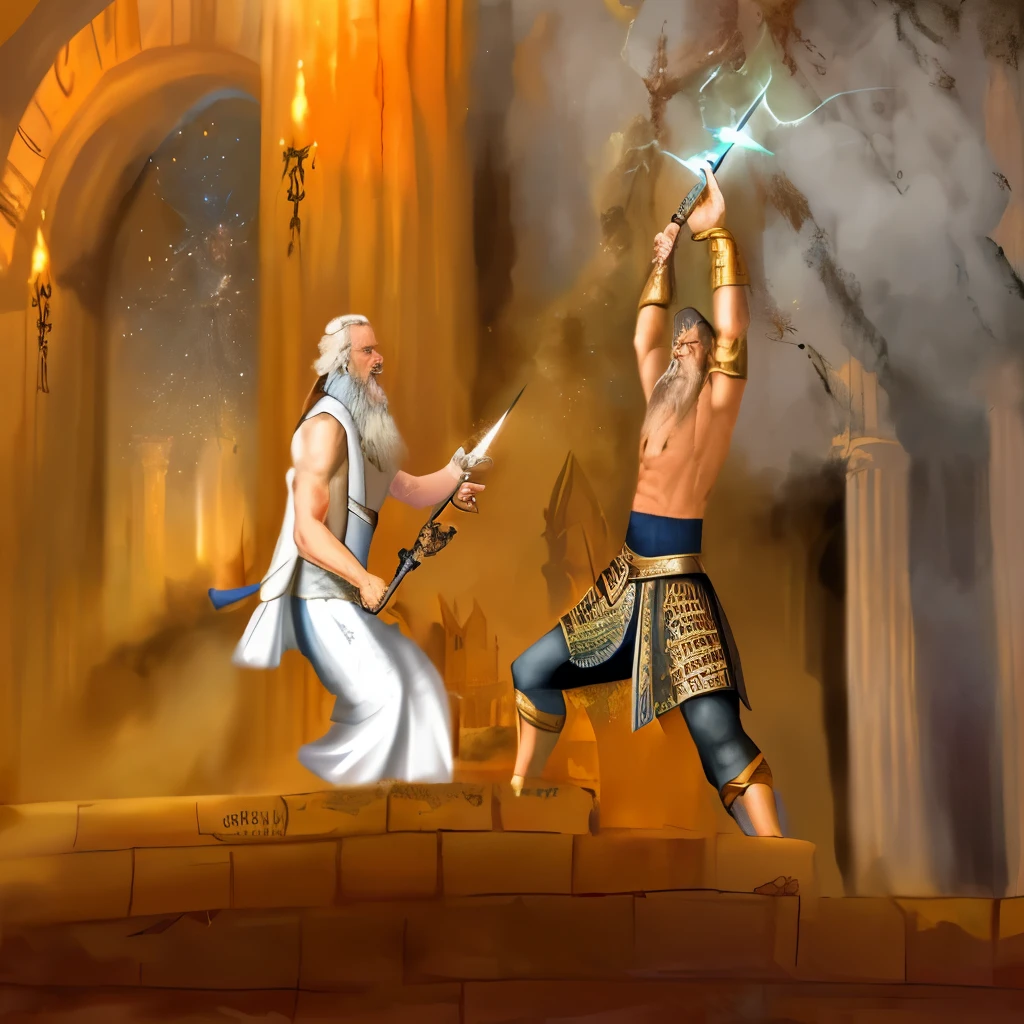 there is a painting of two men fighting with swords, epic scene of zeus, greek myth digital painting, by Daryush Shokof, inspired by Daryush Shokof, gandalf attacks ancient athens, wizard fighting a golem, battle between good and evil, fighting scene, epic biblical depiction, a wizard battling a tiger, sauron fighting saruman