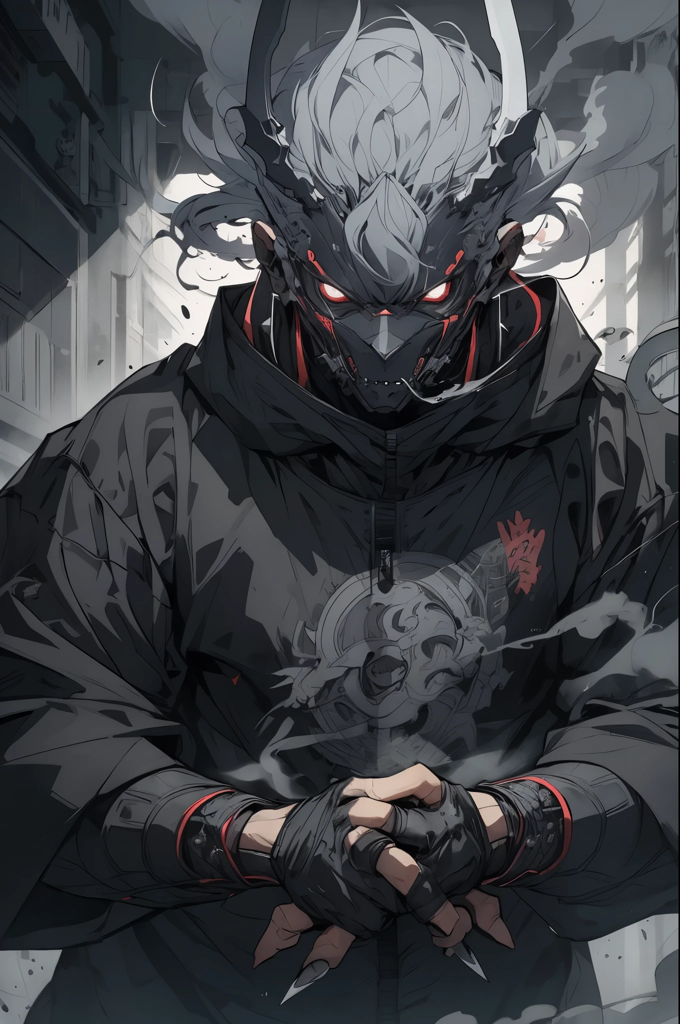 guy with gray hair, stealthy gray cloak, gray pupils, he has edged weapons everywhere, two katanas in hands, ((dynamic pose)), There is smoke around, ready to attack, uses abilities, full length, demonic form