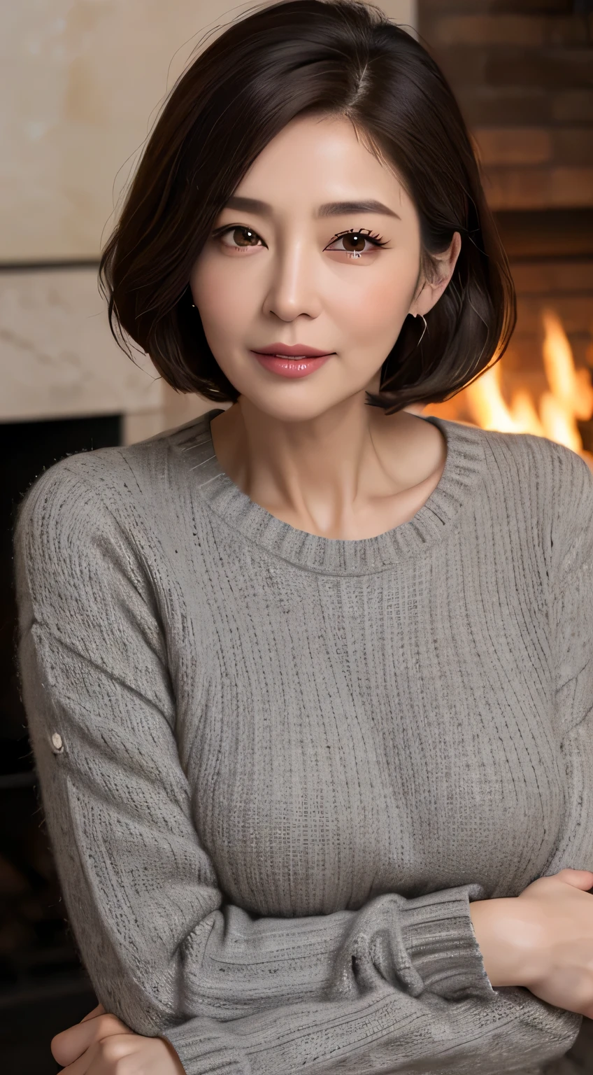 intense realism,(highest quality,4k,masterpiece:1.3),Beautiful woman,1 female、60 years old、Upper body、dark brown hair:1.1,super detailed face,lip details,detailed eye,double eyelid、big black eyes、laughter、short hair、winter、fireplace、nature、gray sweater